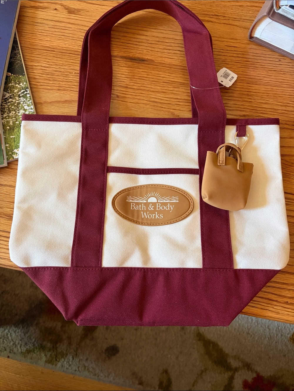 Bath & Body Works Burgundy and Cream Mini Canvas Tote Bag